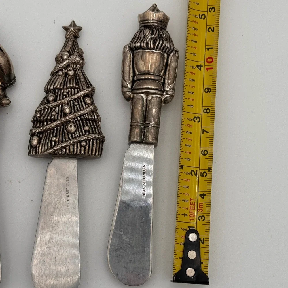 Christmas Holiday Cheese Spreader Set 4 Santa Nutcracker Tree Candy‎ Cane Silver